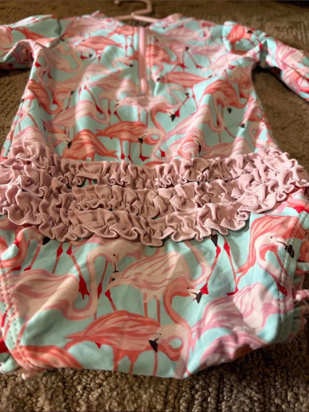 Ruffle Butts Pink Flamingo Print Rashguard - Aqua Base